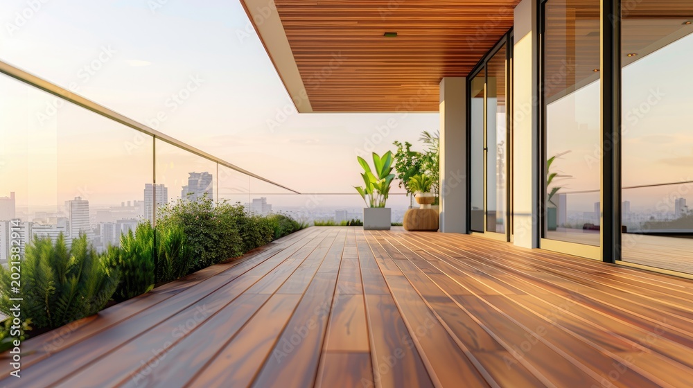 Fototapeta premium Urban Oasis: Rooftop Terrace With City Skyline View
