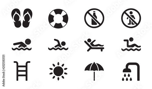 Tableau sur toile Summer pool and beach icons set featuring swimming symbols sun and vacation leisure items