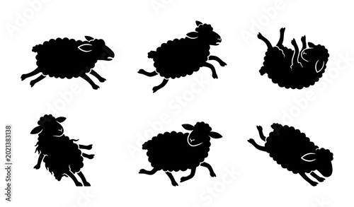 Schilderij op canvas Black Sheep Silhouettes Set, Jumping and Rolling Farm Animal Vector Icons, Lives