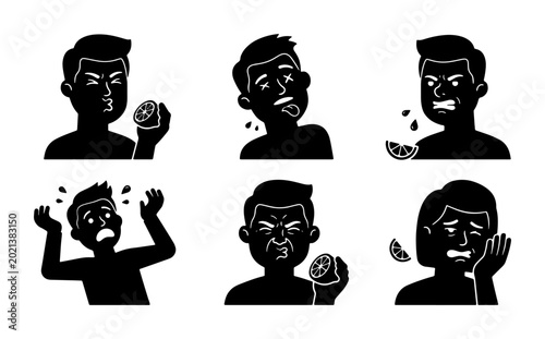 Εκτύπωση καμβά Sour Face Expressions Vector Icons Set, Citrus Fruit Reaction Silhouettes, Disgu