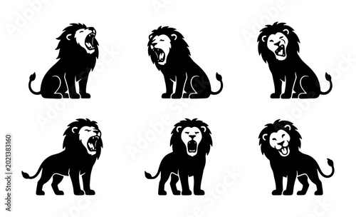 Canvas Print Six Black Lion Vector Icons, Roaring and Sitting Poses, Majestic Animal Graphics