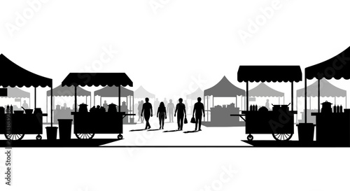 Fotografie Silhouette illustration of people walking through a busy outdoor street market with stalls