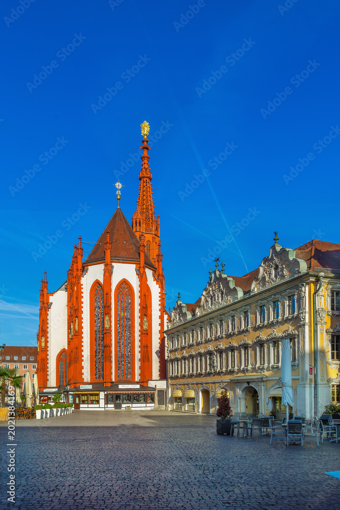Fototapeta premium Scenic view of Oberer Markt square with Marienkapelle and Falkenhaus in Wurzburg Germany. Historic old town under clear blue sky