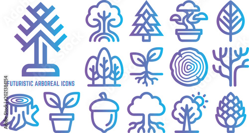 Tableau sur toile Futuristic arboreal icons collection with gradient colors representing nature and plants