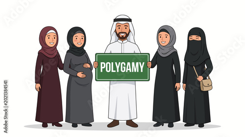 Tableau sur toile Middle Eastern Man With Four Wives Holding A Polygamy Sign.