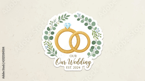 Elegant wedding rings entwined within a floral wreath with Our Wedding banner and date.