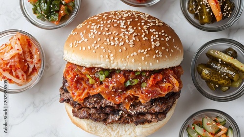 Premium kimchi burger with sesame seed bun grilled beef patty fermented cabbage Korean pickled vegetables marble background overhead view restaurant quality