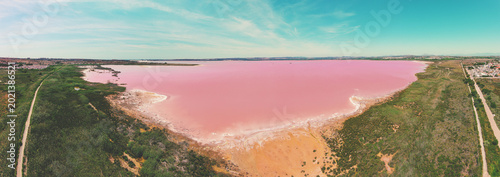 Panoramic view from above of Pink Lake in Torrevieja, Spain, Europe. Salty texture of Pink Lake. Water nature background