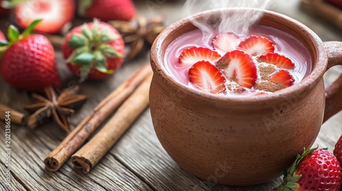 Premium strawberry atole in traditional clay mug with fresh strawberry slices and cinnamon garnish, steaming Mexican beverage at upscale restaurant