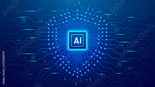 Futuristic AI cyber security concept. Digital shield icon with AI processor and glowing digital circuit lines. Abstract vector background of data security, privacy defense system concept.