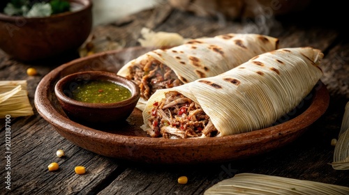 Traditional pork tamales wrapped in corn husks served on clay plate with green salsa verde at authentic Mexican restaurant premium dining experience