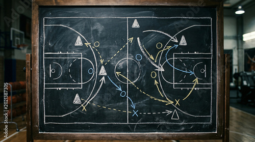 Coach drawing sports strategy on chalkboard