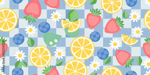 Bild auf Leinwand fruit pattern cheerful seamless design with berries and citrus
