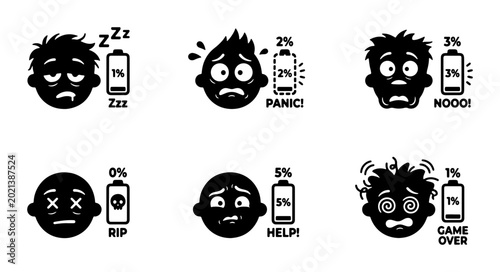 Schilderij op canvas Low Battery Mood Icons Set: Exhausted, Panic, Nooo, RIP, Help, Game Over Faces w