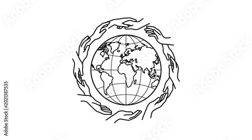 Quadro su tela Black and white line art illustration of hands surrounding a globe