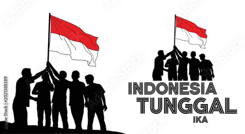 Schilderij op canvas Silhouette of group of people raising the Indonesian flag for independence day celebration