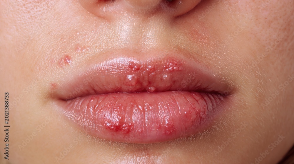 Obraz premium High-Resolution Medical Illustration of Herpes Simplex Virus Infection Showing Cold Sore Outbreak, Viral Skin Disease, Dermatology Healthcare Concept and Microscopic HSV Particles