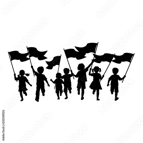 Group of happy children silhouettes running with flags.