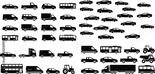 Foto Black Vehicle Silhouette Icon Set Featuring Cars Buses Trucks Vans and Transport