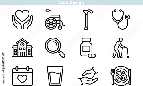 Elderly care and medical nursing line icon set. Healthcare symbols for seniors including wheelchair, stethoscope, medicine, and walking assistance. Editable stroke vector illustration.
