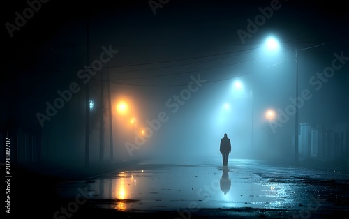 Mysterious silhouette walking alone through thick fog on a wet city street at night, featuring dramatic cinematic lighting.