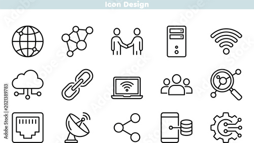 Data center and cloud computing technology icon set. Networking symbols for global connection, digital storage, and web analytics. Editable stroke thin line vector illustration.