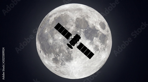 Satellite Silhouette Passing in Front of Full Moon in Night Sky