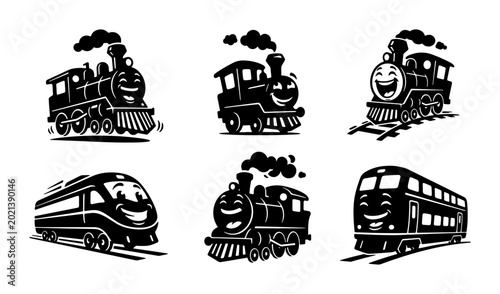 Obraz na płótnie Six Vintage and Modern Train Icons, Classic Steam Locomotives and Futuristic Hig