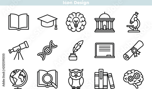 Education and academic research line icon set. Symbols for science, literature, global studies, and graduation. Editable stroke thin line vector illustration.