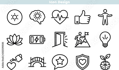 Positive mindset and lifestyle motivation icon set. Symbols for energy, success, and mental clarity in daily life. Editable stroke thin line vector illustration.