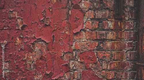 Photos Peeling Red Paint on Weathered Brick Wall Texture Background.