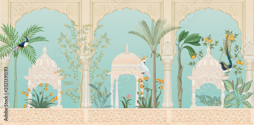 Schilderij op canvas Mughal garden arch, plant, peacock illustration for wallpaper