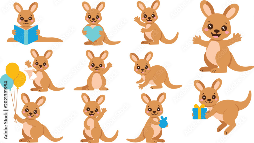 Obraz premium Cute Kangaroo Cartoon Character Vector Set with Cheerful Poses, Balloons, Book, and Gift Box for Kids Storybooks, Greeting Cards, and Baby Shower Designs