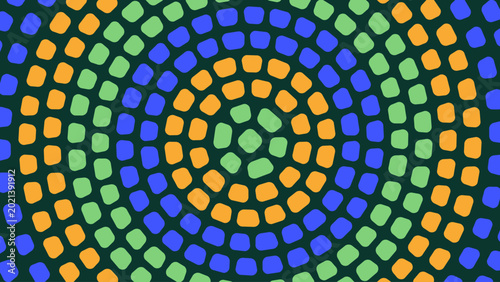 Abstract geometric mosaic background with circular dotted pattern in blue, green, and orange colors for 2026 sports event celebration in Boston.