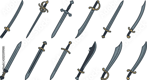 Foto Historical and Fantasy Weapon Sword Vector Illustration Set with Katana, Rapier,