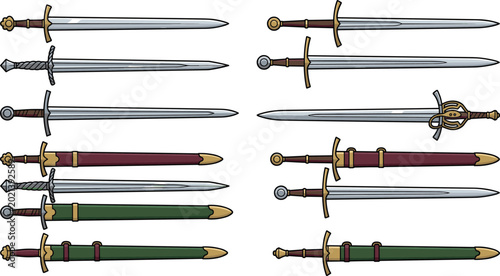 Fotografía Medieval Knight Sword and Scabbard Vector Illustration Set with European Longswo