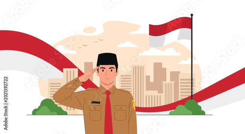 Indonesian government official saluting in brown uniform.