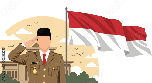 Indonesian official saluting with national flag illustration.