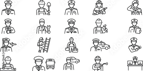 Professional occupations and worker avatar vector icons set with pilot builder police officer firefighter military soldier driver technician line art