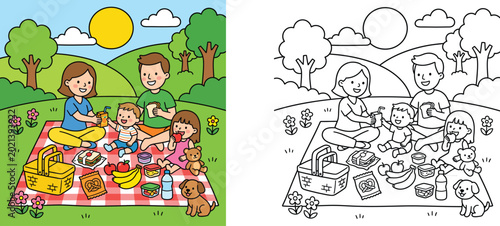 Family Picnic Illustration and Coloring Page Set for Kids Featuring Parents Children and Pet Dog in a Sunny Park with Picnic Basket and Food Vector Art