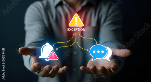 Person holding hands out with glowing of exception and notification