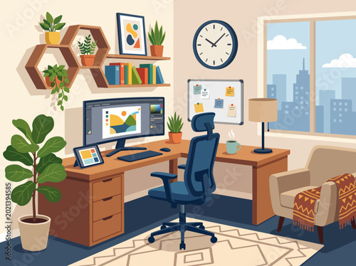 An inviting modern home office setup with ergonomic furniture, organized shelves, and natural elements, showcasing a perfect balance of productivity and comfort for remote workers.