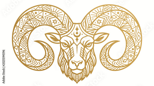 Golden Aries Zodiac Sign Goat Head Line Art Vector Illustration