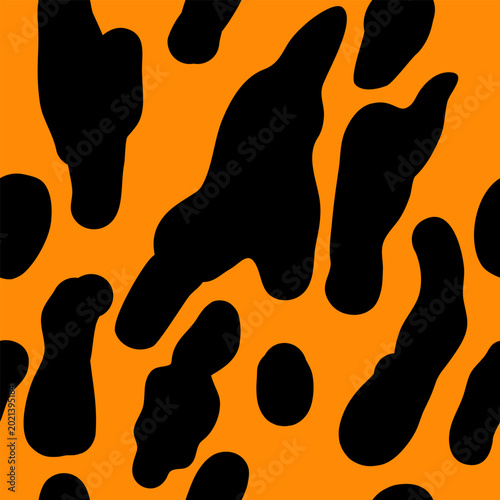 Memphis style seamless pattern. Funky orange and black background for wrapping paper and fabric. Creative abstract trendy design with basic animal skin blob shapes. Repeating graphic elements. 