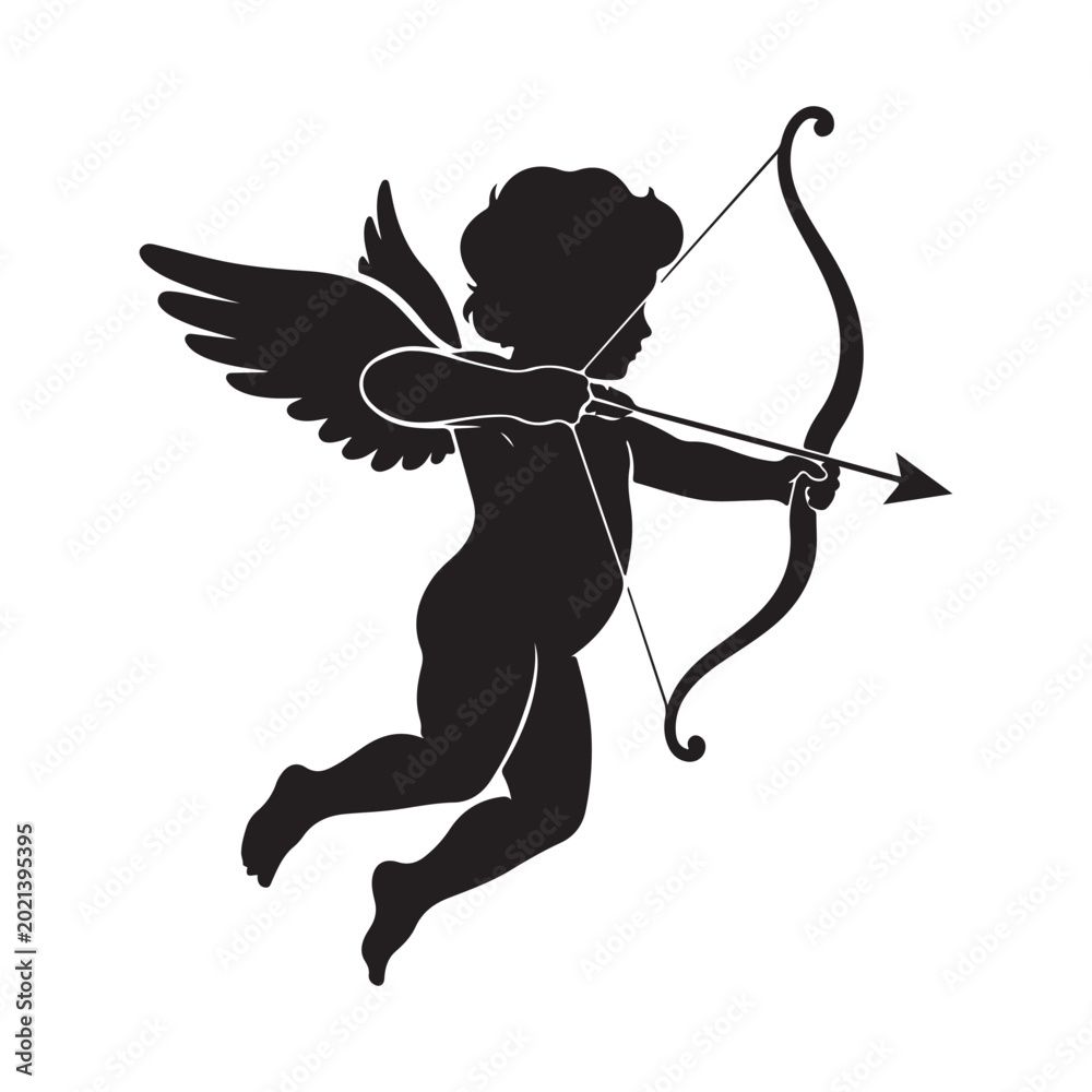 Fototapeta premium Cupid silhouette aiming a bow and arrow. Representing love, romance, and Valentine's Day themes ideal for wedding invitations and greeting cards