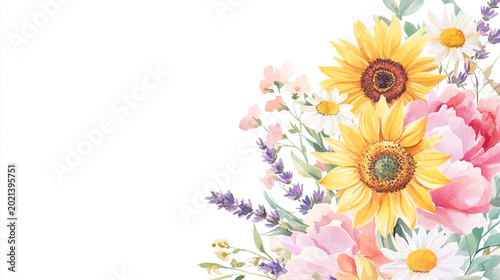 Summer flowers blooms: sunflowers, daisies, lavender sprig and peonies in soft pink, bright yellow, and deep purple. The flowers are rendered in a loose watercolor style.