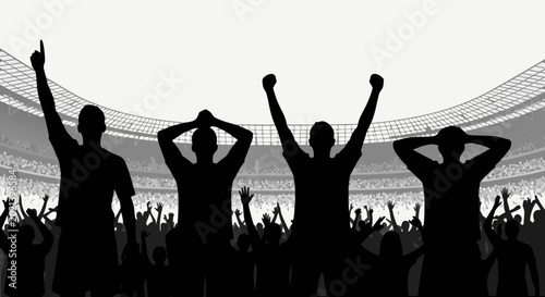Silhouetted Crowd Cheering at Sports Stadium Event with Arms Raised in Celebration and Excitement