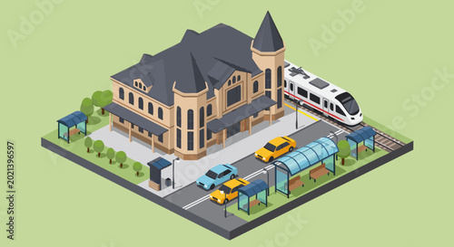 Isometric illustration of a bustling train station with arriving train, cars, and bus stops, highlighting urban transit and connectivity