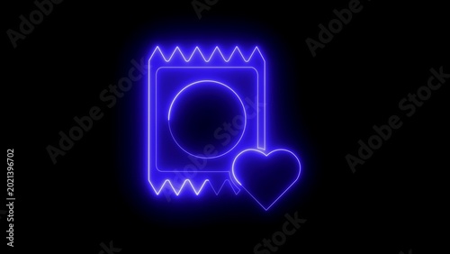 фотографія Glowing blue neon of a condom wrapper with a heart symbol isolated on a deep bla