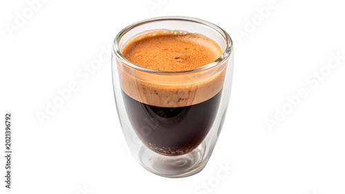 Bilde på lerret A professional hot glass of espresso coffee displaying dark rich crema foam laye